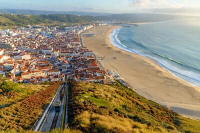 Aerial view of Nazaré coast in Portugal