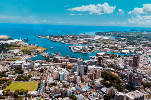 Aerial view of Port Louis harbor in Mauritius, illustrating Indian Ocean connectivity.