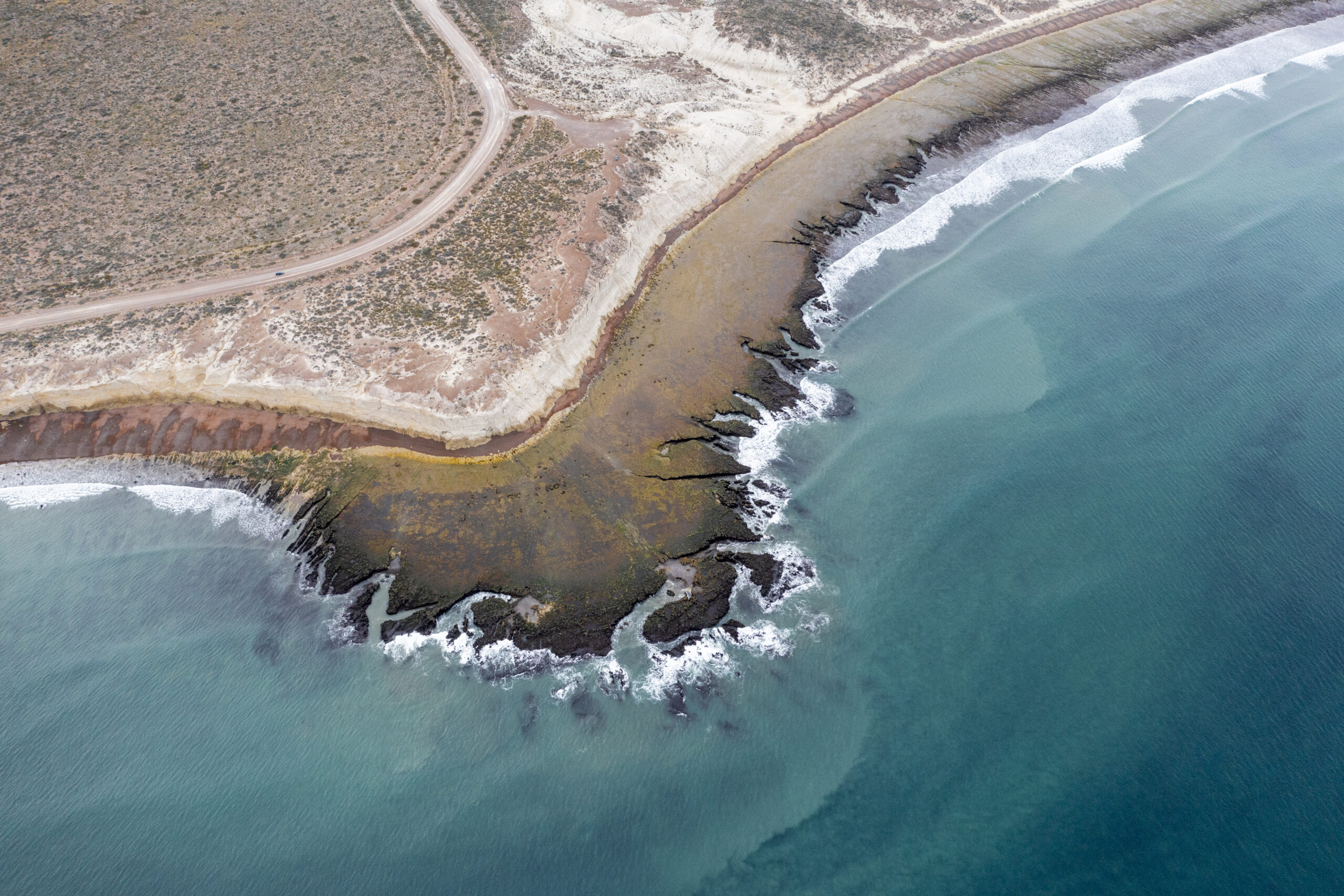 Aerial view of intertidal reefs and the Atlantic Ocean in Peninsula Valdes, Argentina
