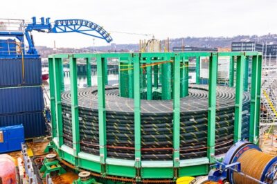 Offshore fibre-optic cable loading equipment on a ship deck