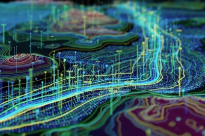 Illuminated fiber-optic routes across a digital network landscape