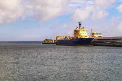 Cable-layer vessel Ile de Sein moored in Funchal harbor