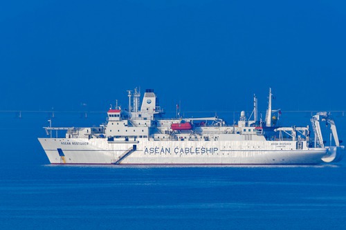 ASEAN Restorer cable ship anchored in the Malacca Strait