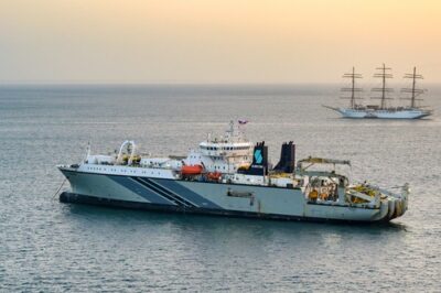 SubCom fibre-optic cable-laying ship anchored near the Panama Canal