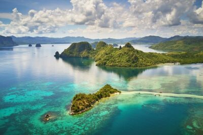 Aerial view of islands and coastal waters in the Philippines