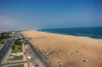 Aerial view of Marina Beach and the Bay of Bengal coastline in Chennai, India