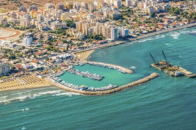Aerial view of Larnaca coastline and marina in Cyprus