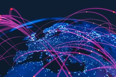 Abstract global communications network with illuminated routes across a digital globe