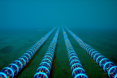 Illustration of fiber-optic cables on the ocean floor