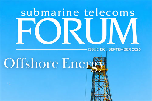 SubTel Forum Magazine Issue 150, September 2026: Offshore Energy, with an offshore drilling tower against a blue sky.