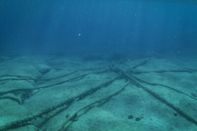 Underwater telecommunications cables crossing a stony Mediterranean seabed