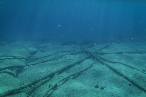 Underwater telecommunications cables crossing a stony Mediterranean seabed
