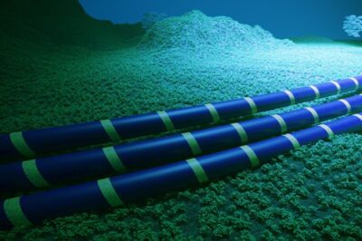 Illustrative rendering of two fiber optic cables on the seafloor; not EllaLink branching units