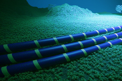 Illustrative rendering of two fiber optic cables on the seafloor; not EllaLink branching units