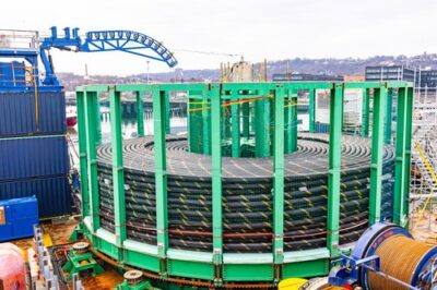 Coiled submarine cable on ship loading equipment in port