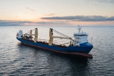 General cargo ship sailing in the Baltic Sea near Estonia at sunrise