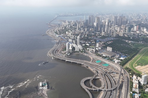 Aerial view of Mumbai coastal road and shoreline