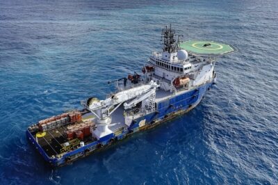 Aerial view of a generic offshore survey vessel operating at sea