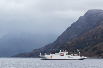 Illustrative cable-laying ship Rene Descartes operating off Scotland; not a Japanese fleet vessel
