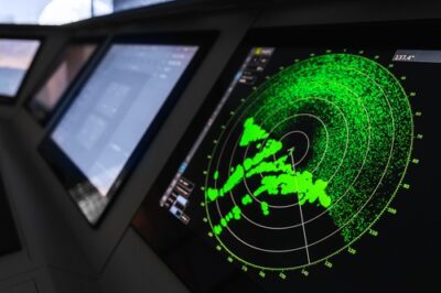 Marine navigation radar display on a modern ship's bridge