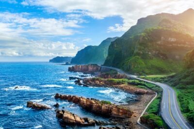 Aerial view of Taiwan coastline and coastal road near Nanya Rock
