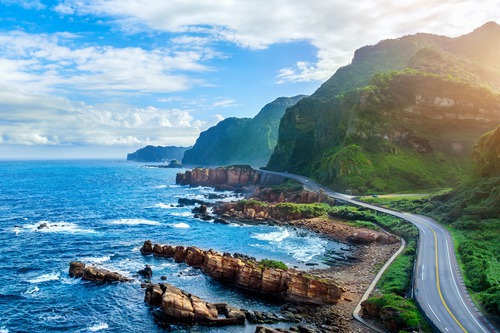 Aerial view of Taiwan coastline and coastal road near Nanya Rock