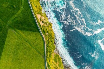 Aerial view of Ireland's Cliffs of Moher meeting the Atlantic Ocean