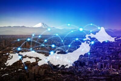 Illustrative digital communications network over Japan; not the selected cable landing or branch projects