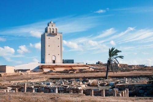 Benghazi Lighthouse on Libya's Mediterranean coast, illustrating Medusa's shore-end installation