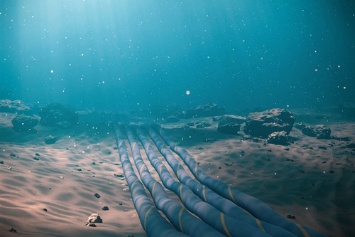 Subsea fiber-optic cable bundles on the ocean floor, illustrating UK cable security policy